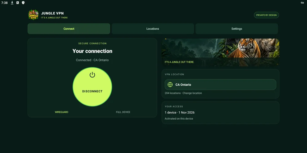Actual JungleVPN Android 0.4.7 connection screen showing CA Ontario and app navigation.