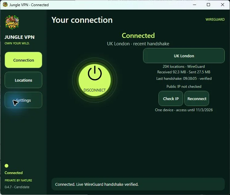 Actual JungleVPN Windows 0.4.7 screen with location, connection controls and sidebar.