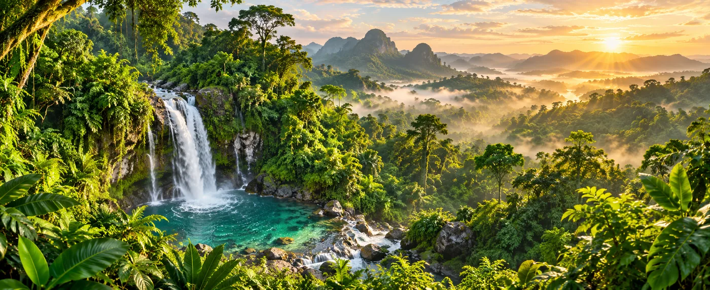 Original JungleVPN artwork of a sunlit rainforest waterfall and emerald canopy.