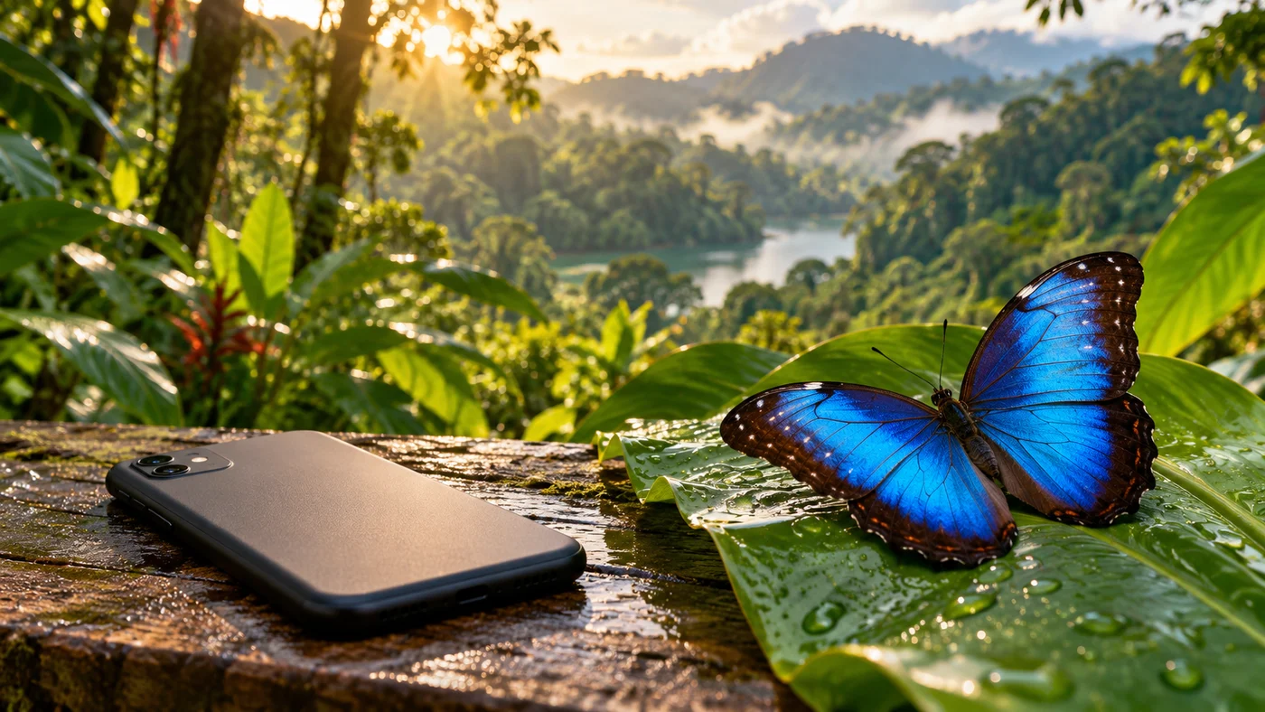 Original JungleVPN artwork of a blue morpho butterfly on a dew-covered leaf beside a face-down smartphone in a rainforest.