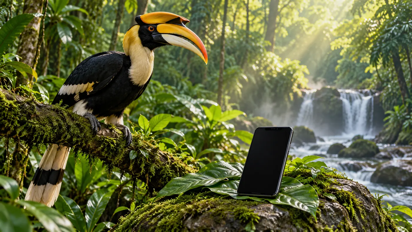 Original JungleVPN artwork of a hornbill beside a blank smartphone in a rainforest.