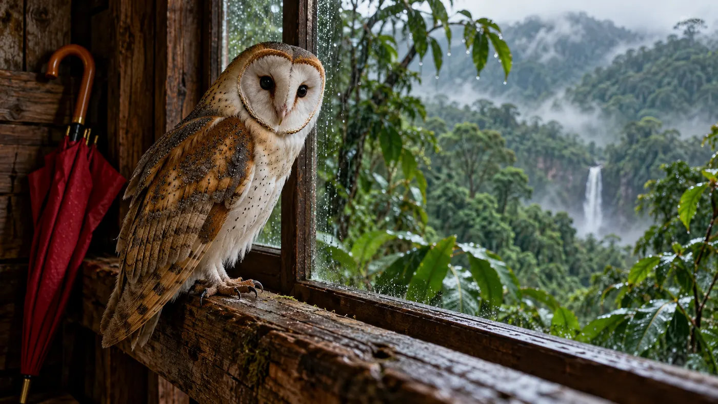 Original JungleVPN artwork of a barn owl beside a rain-covered rainforest cabin window.