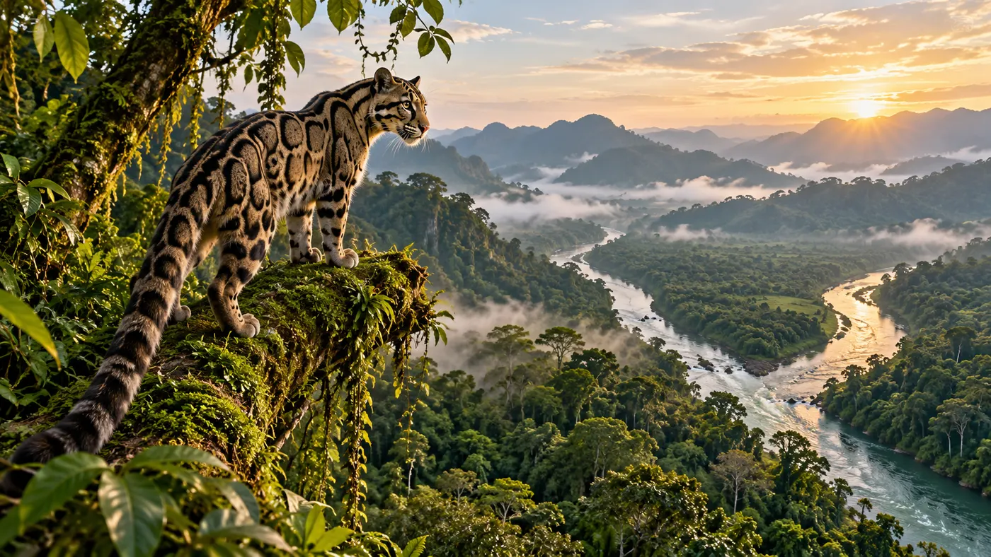 Original JungleVPN artwork of a clouded leopard overlooking two rainforest rivers.