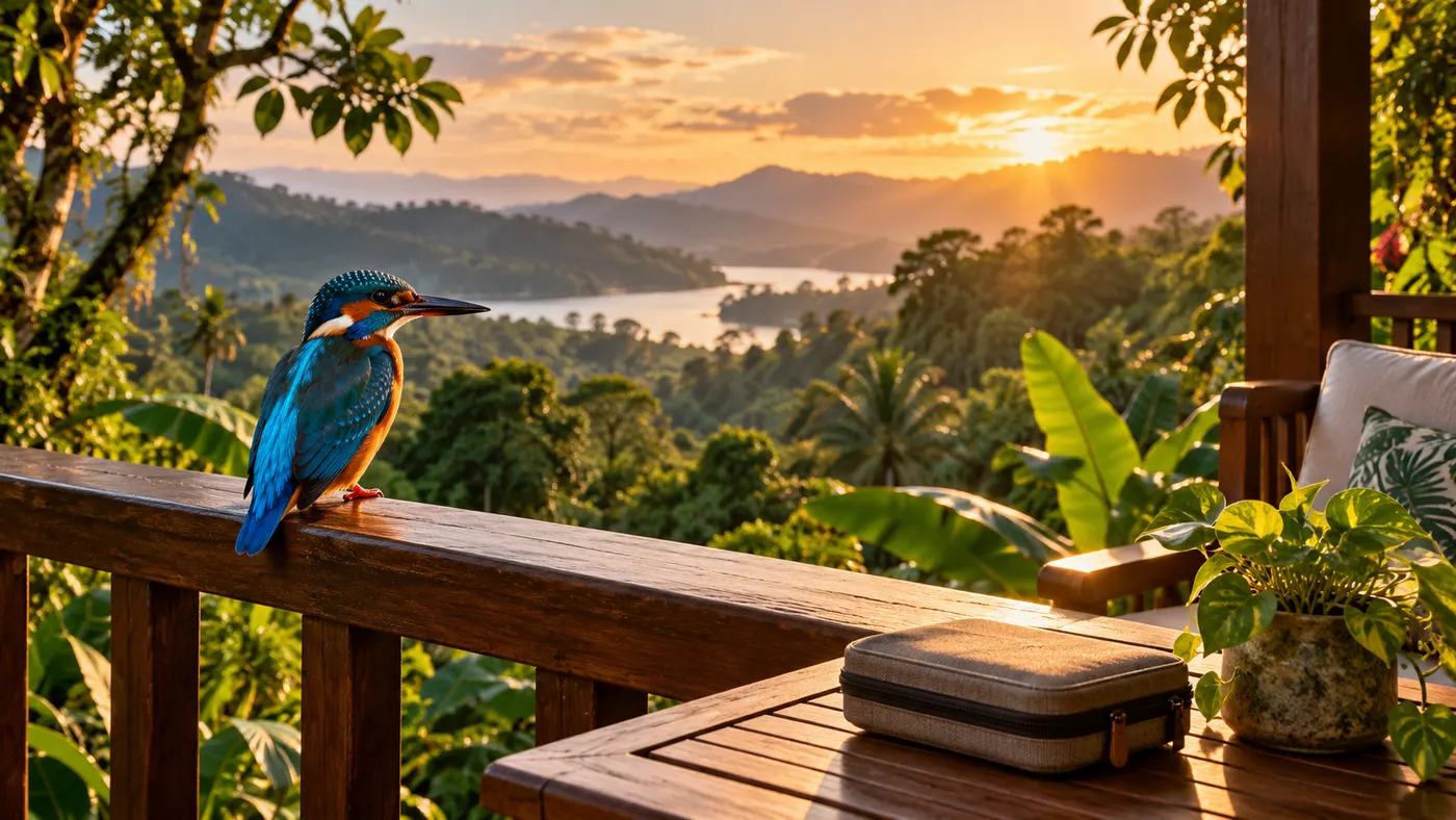 Original JungleVPN artwork of a kingfisher beside a travel case on a tropical veranda.