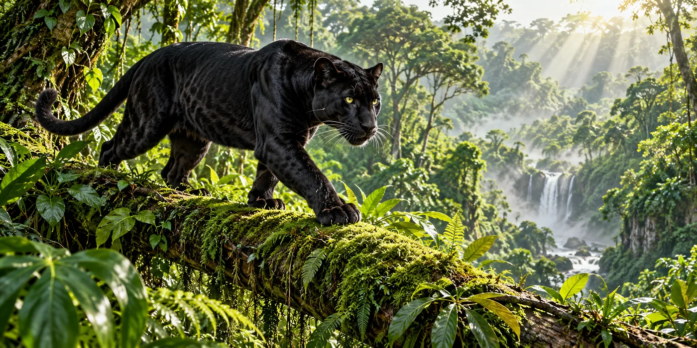An original JungleVPN illustration of a black panther crossing a mossy rainforest branch.