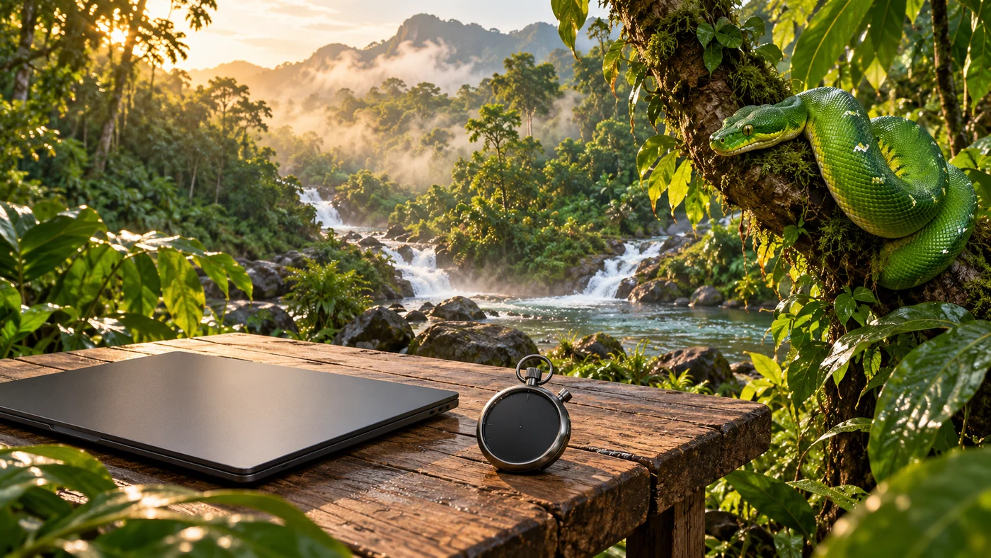 Original JungleVPN artwork of an emerald tree boa beside a closed laptop and unmarked stopwatch overlooking rainforest streams.