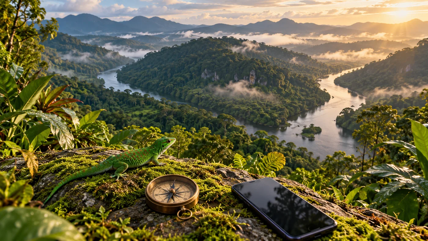 Original JungleVPN artwork of a green gecko beside a compass and dark phone overlooking two rainforest river valleys.