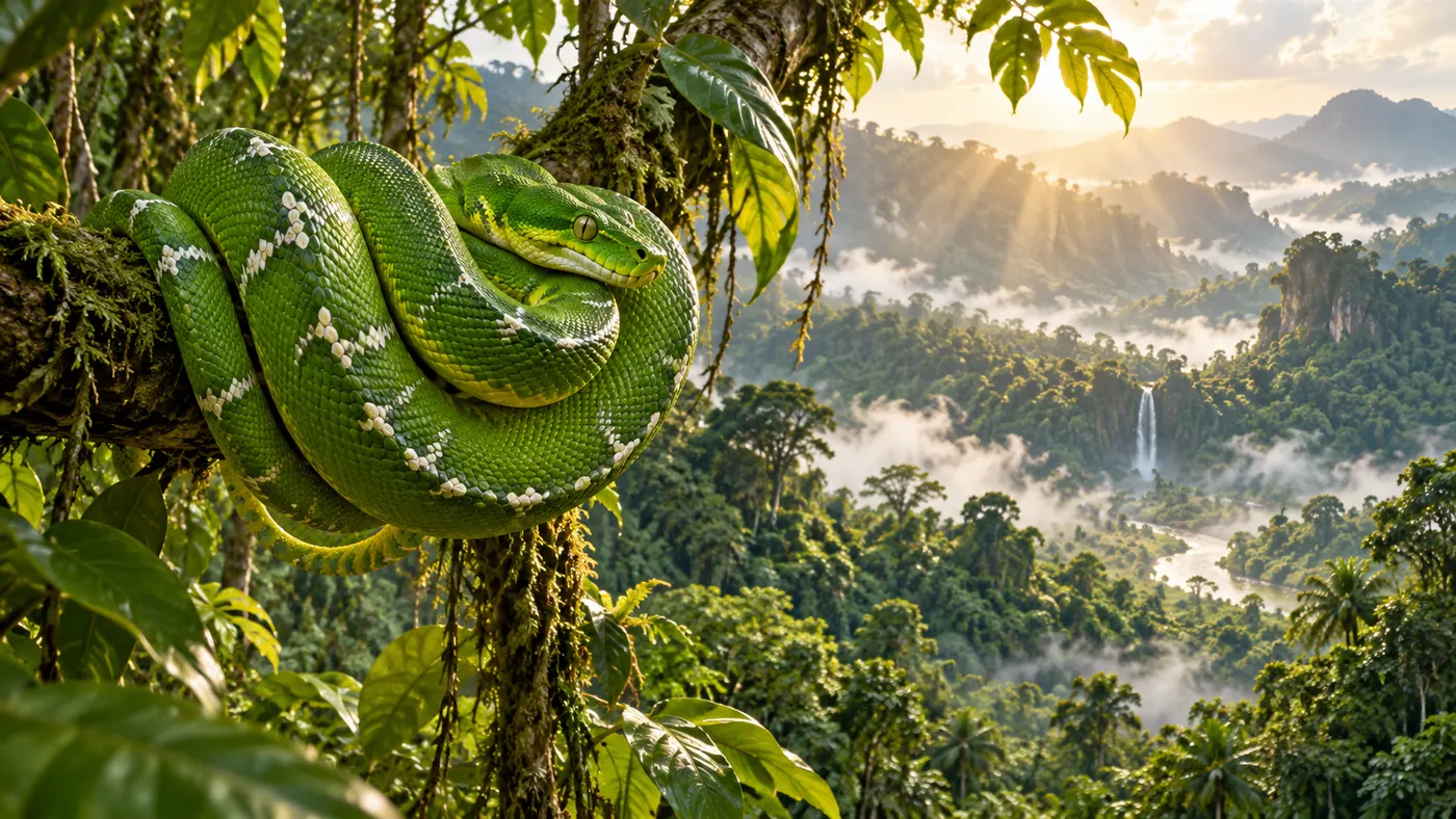 Original JungleVPN artwork of an emerald tree boa above a misty rainforest valley.