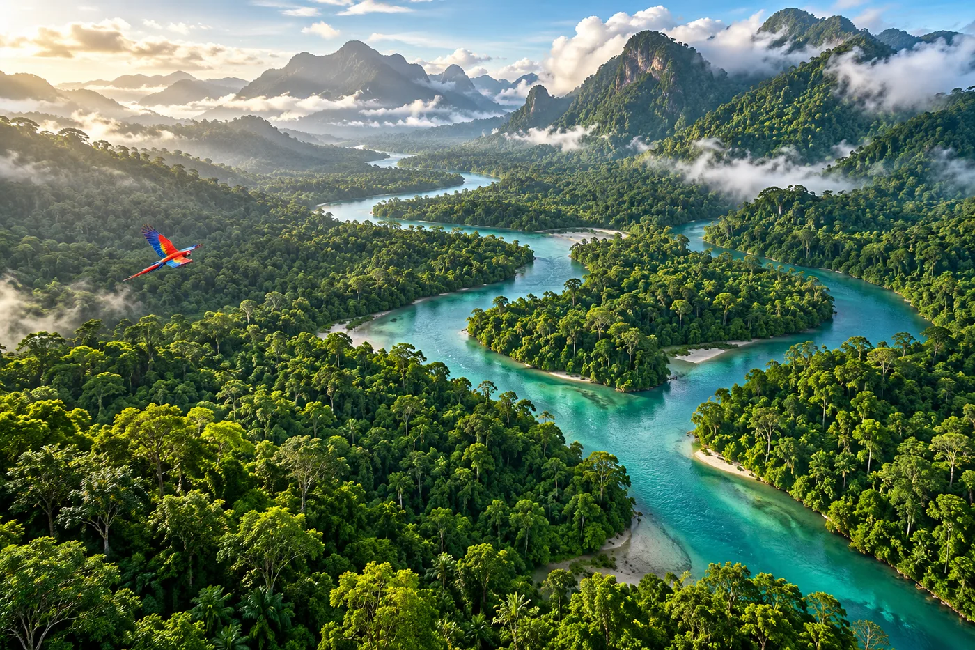 Original JungleVPN artwork of a winding river through a vast green rainforest.