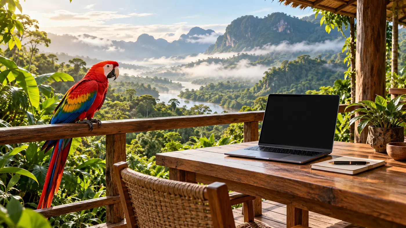 Original JungleVPN artwork of a scarlet macaw beside a laptop at a rainforest workspace.