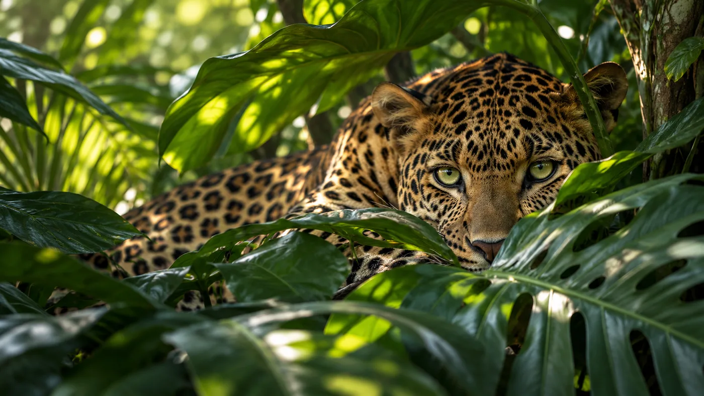 Original JungleVPN artwork of a leopard partly concealed by rainforest leaves.