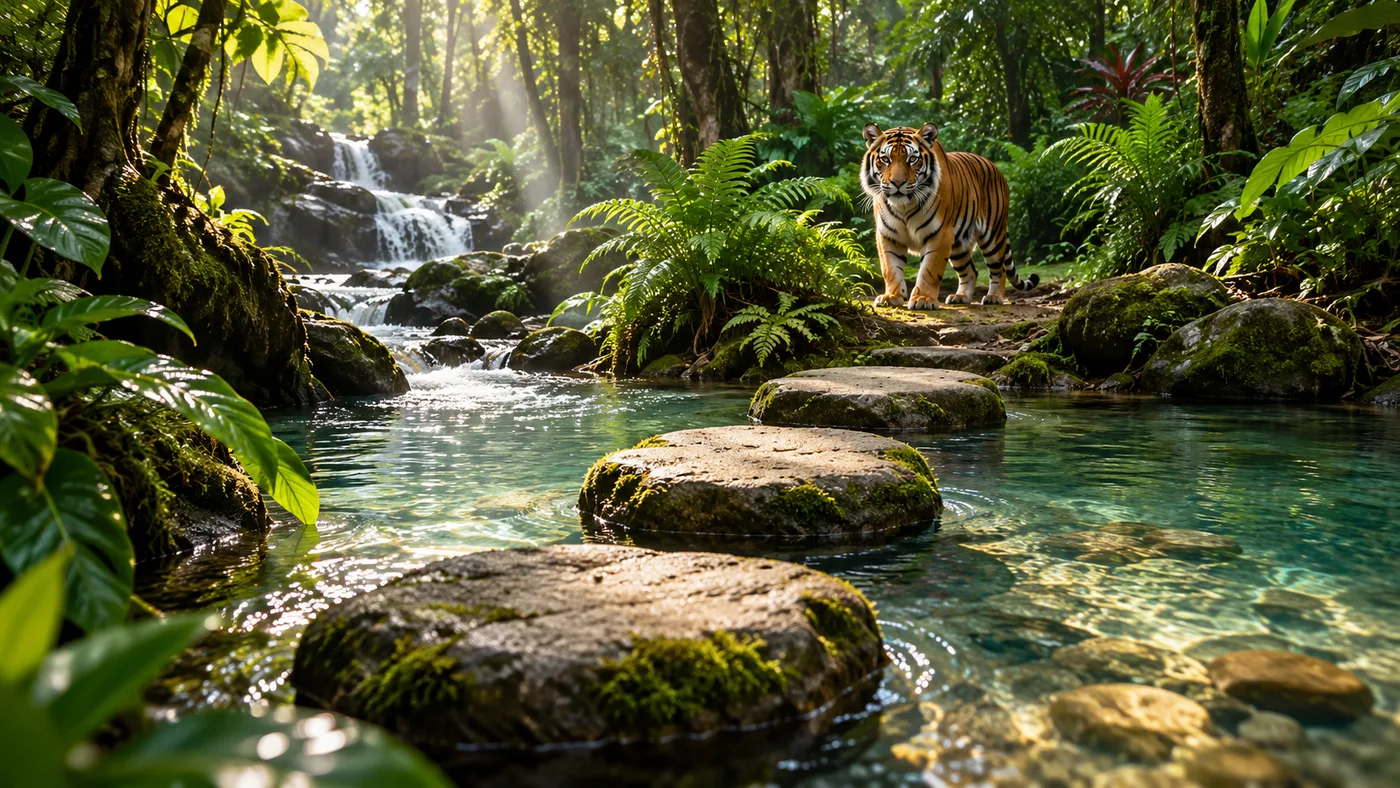 Original JungleVPN artwork showing stepping stones across a rainforest stream.