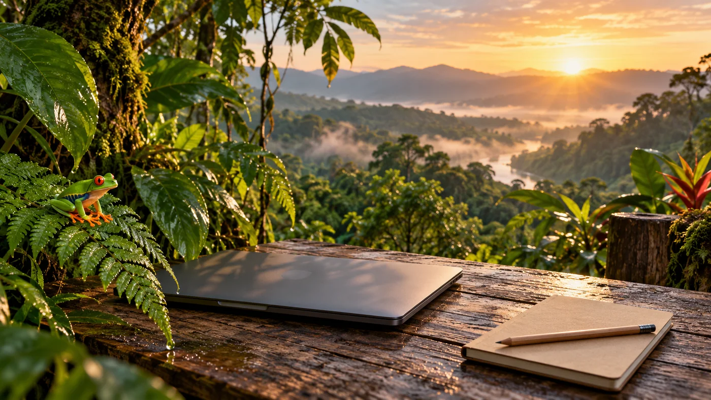 Original JungleVPN artwork of a red-eyed tree frog beside a closed laptop and blank notebook on a rainforest field desk.