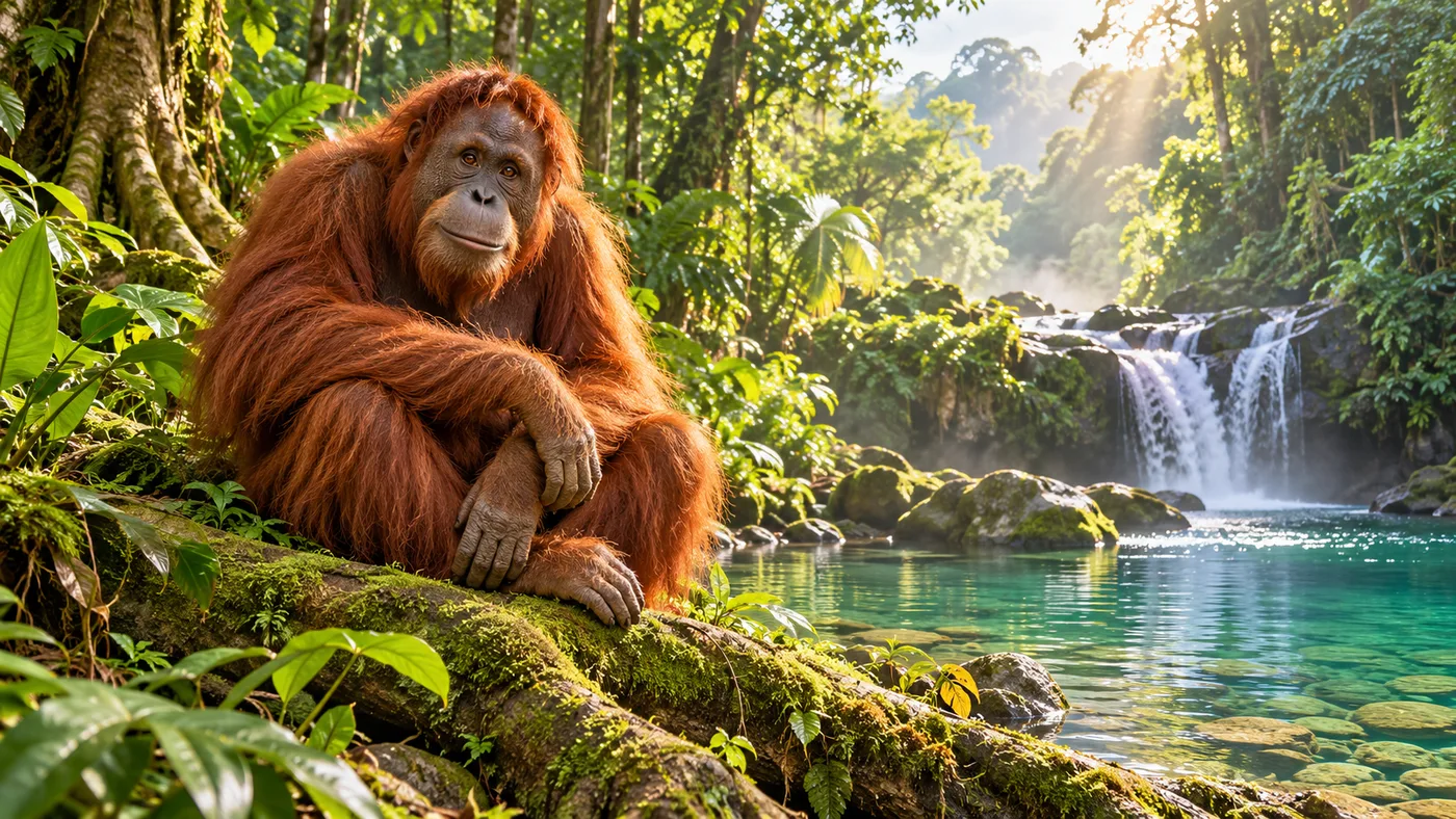 Original JungleVPN artwork of a calm orangutan beside a rainforest pool.