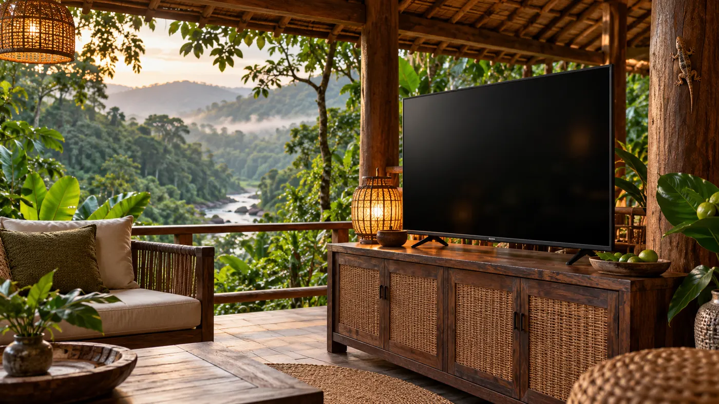 Original JungleVPN artwork of a blank television on a covered rainforest lodge terrace.