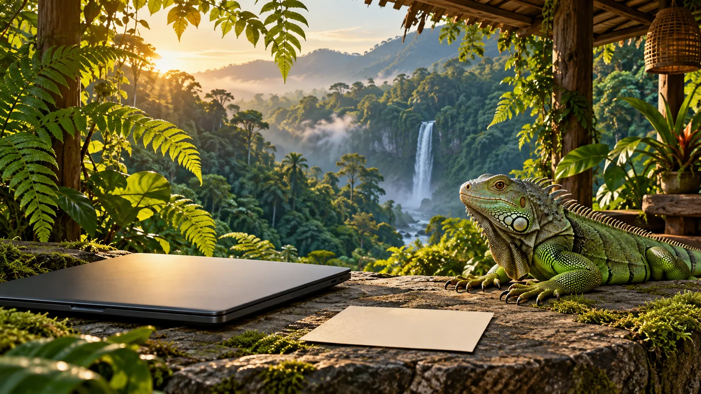 Original JungleVPN artwork of a green iguana beside a closed laptop at a sheltered rainforest workstation.