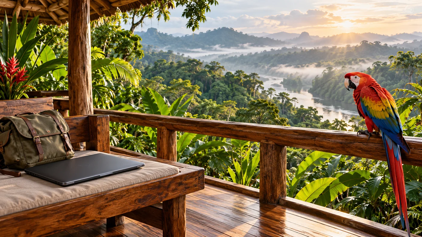 Original JungleVPN artwork of a scarlet macaw beside a closed laptop and canvas bag on a sheltered rainforest veranda.