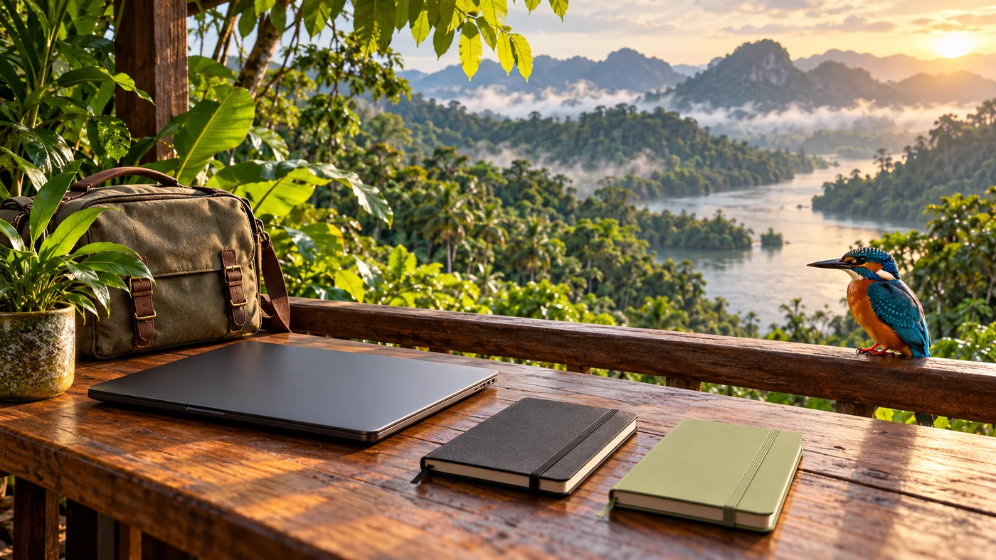 Original JungleVPN artwork of a kingfisher beside a closed laptop, two separate notebooks and a travel bag on a rainforest terrace.